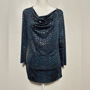Dana Buchman Blouse Blue Black SilverMetallic Draped Neckline 3/4 sleeves S